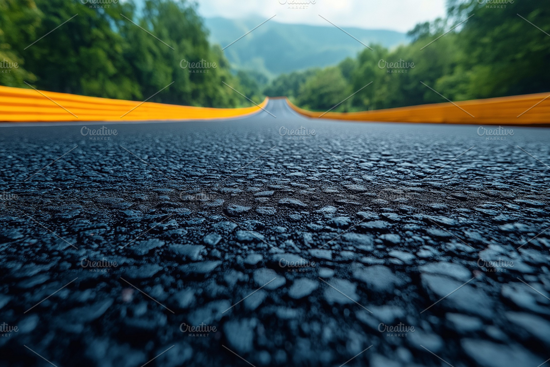 A low-angle view of a winding asphalt road surrounded by lush greenery, creatin, a Background Photo by ImageMir