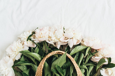 Peony flowers in straw bag featuring background, bag, and beauty, a Holiday Photo by Floral Deco