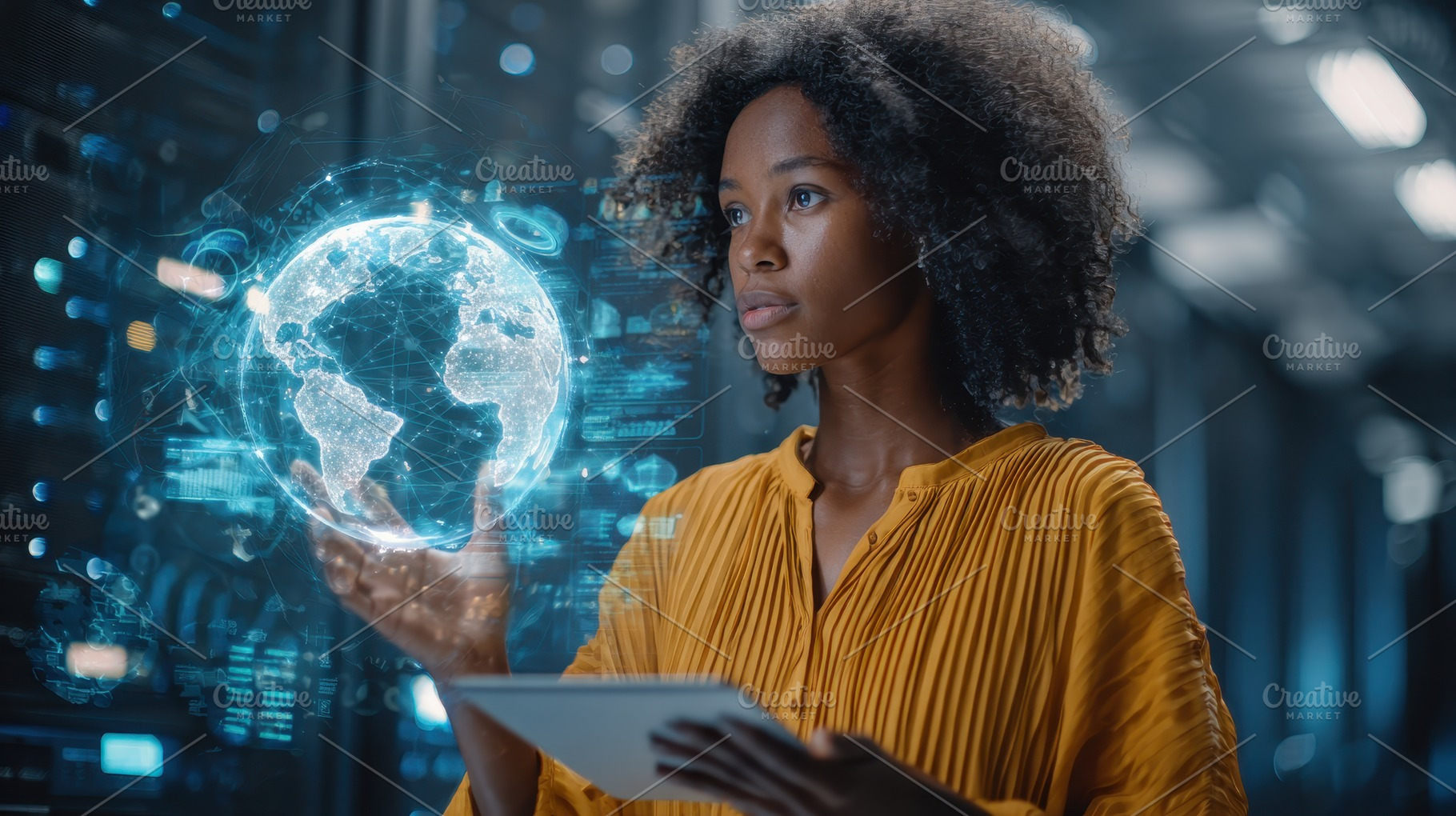 Woman interacts with global network, a Photo by Pixeness Studio