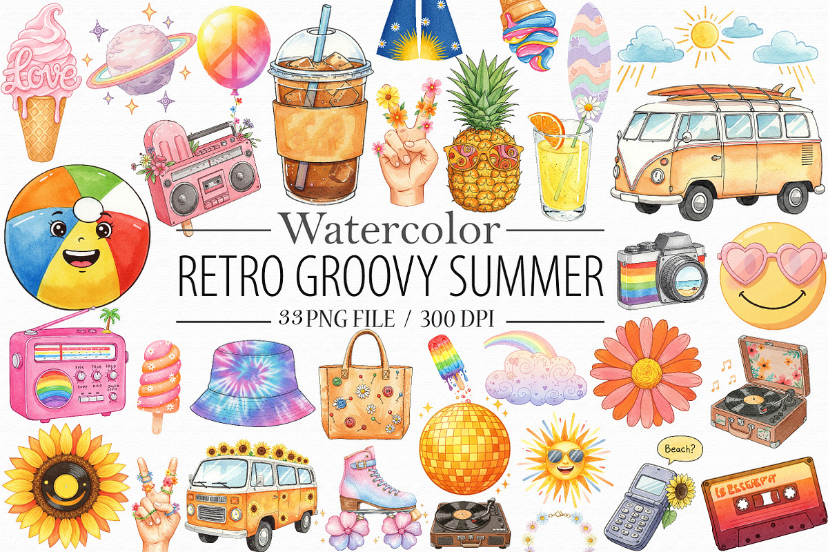 Retro Groovy Summer Clipart, an Illustration by Libby Wishes (Photo 1 of 7)