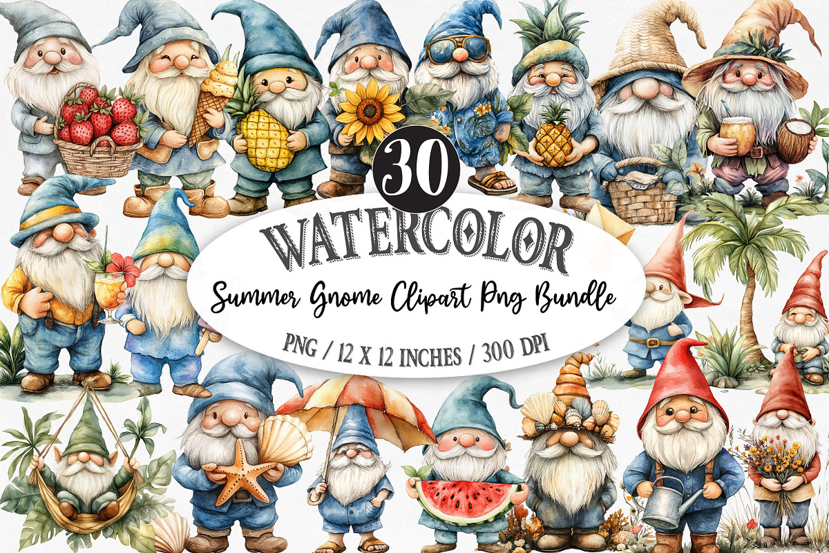 Summer Gnome Clipart PNG Bundle, an Illustration by Designking (Photo 1 of 5)