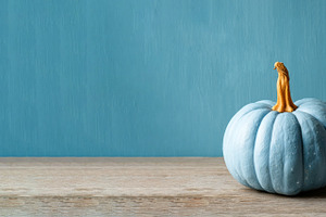 Single blue pumpkin with orange stem on rustic wooden table agai, a Food & Drink Photo by José Manuel Gelpi