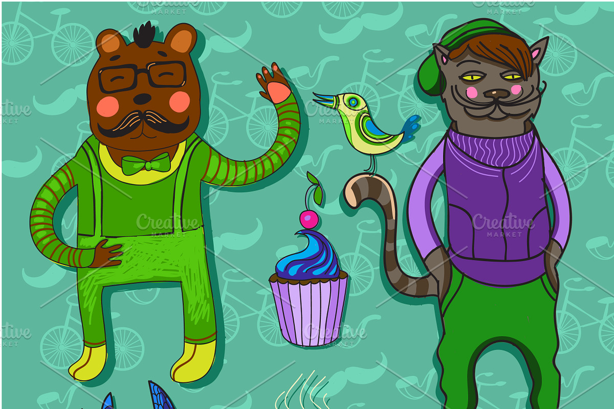 Cute hipster set, an Animal Illustration by HIPSTER-MONSTER SHOP