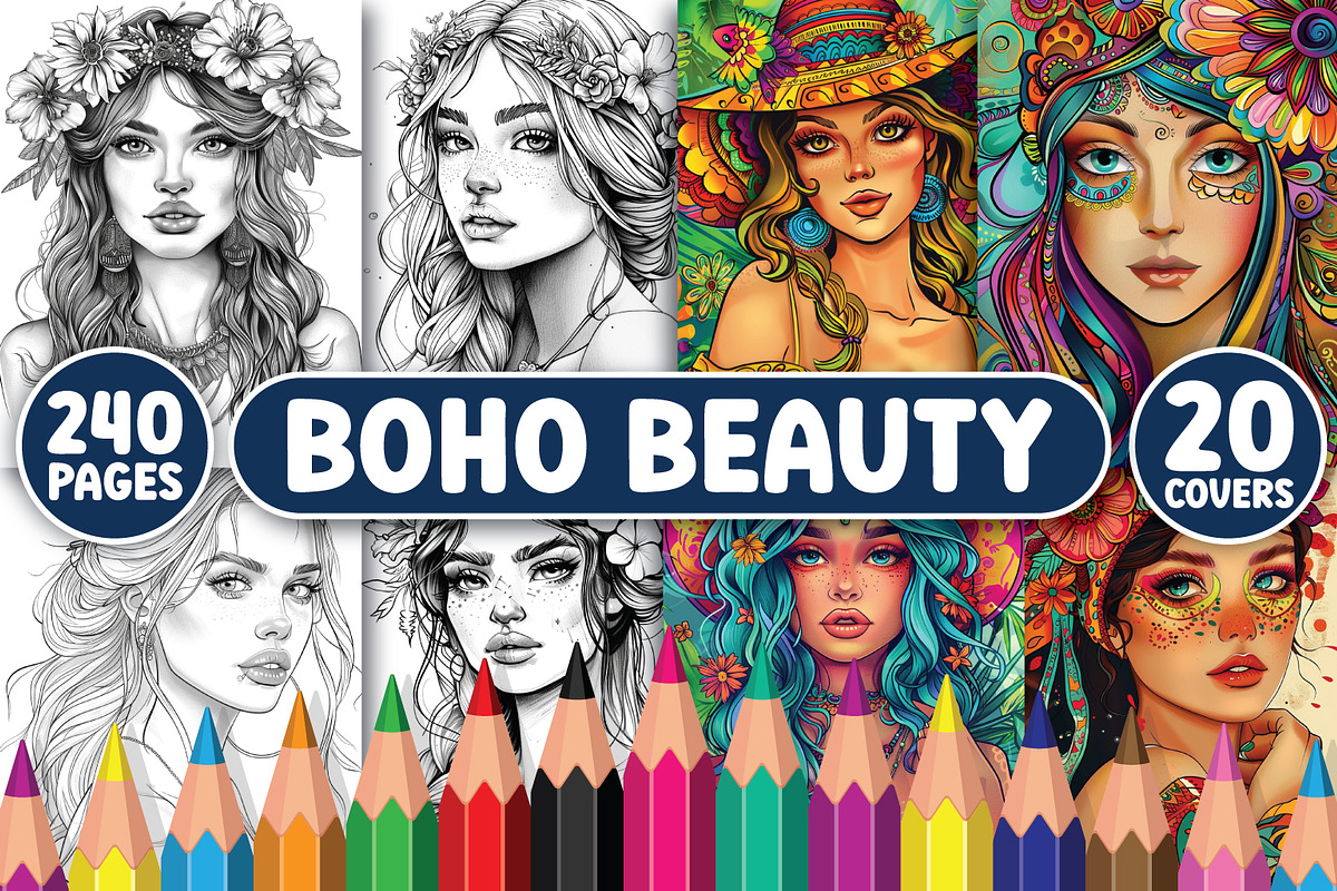 200 Boho Beauty Coloring Pages, a Person Illustration by BrightMart