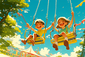Two joyful children enjoying a swing ride on a bright sunny day, an Illustration by AS photostudio