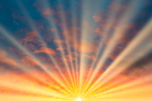 Sunset sky, sun with sun rays beams