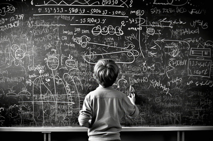 Photo of a child drawing a chalkboard full of complex mathematic, a School & Education Photo by designvectx