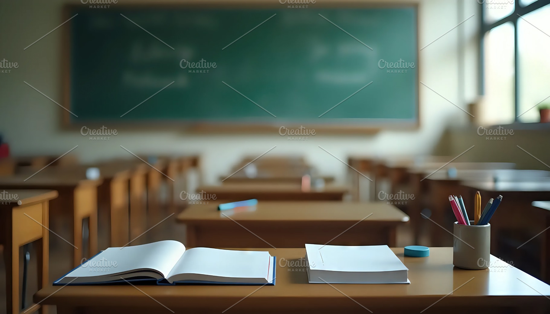 Empty Classroom With Books On Teache, a Photo by LOGOCREATIVE