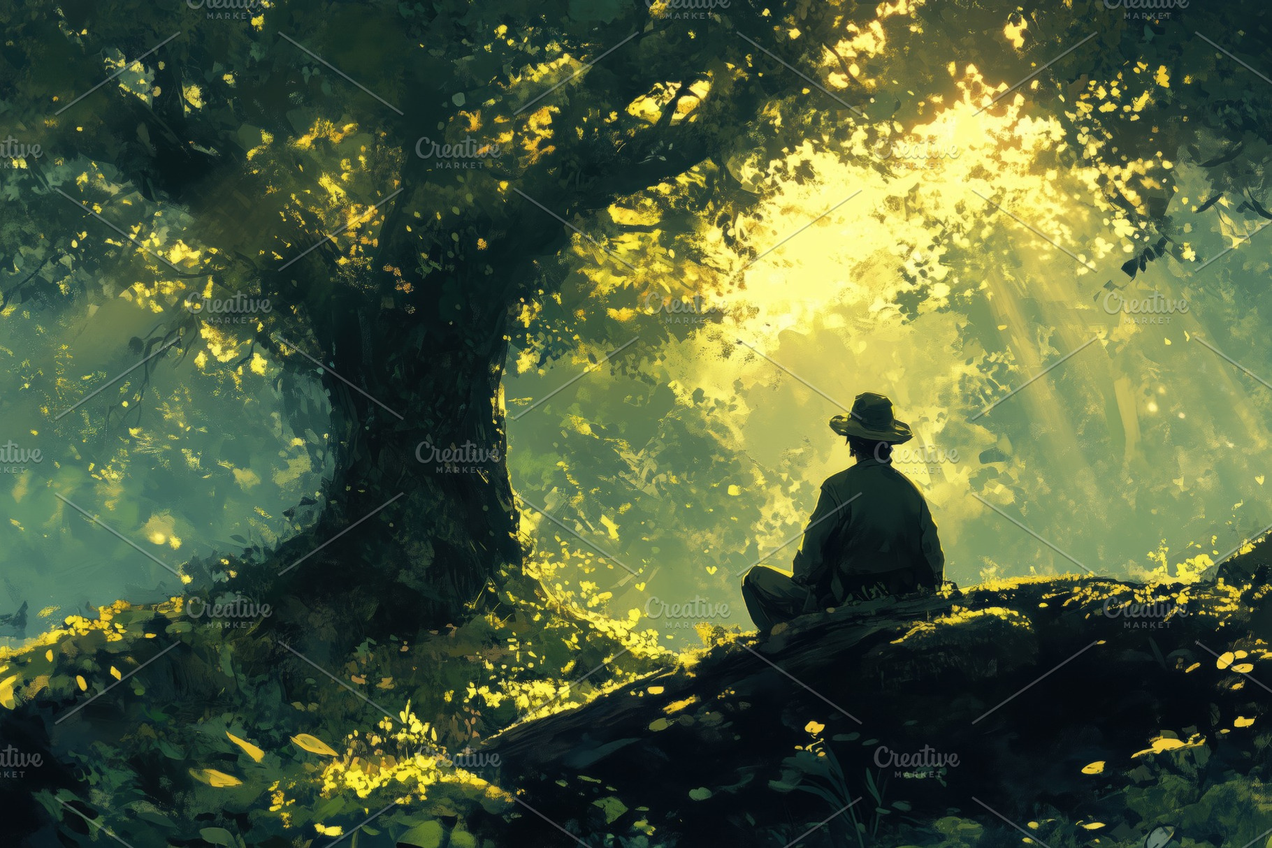 A serene scene depicting a person sitting under a large tree in a lush forest., a Person Photo by Textures & Backgrounds