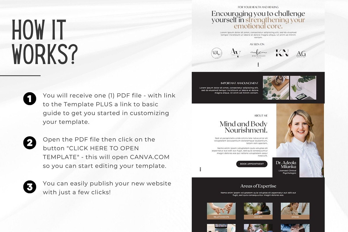 Therapist Canva Website Template, a Landing Page Template by Kromatic Design Studio (Photo 7 of 8)
