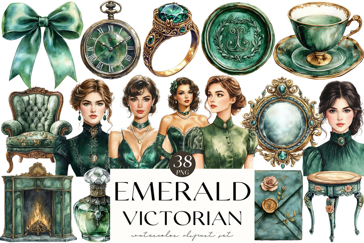 Watercolor Emerald Victorian Clipart, an Illustration by OK Design (Photo 1 of 5)