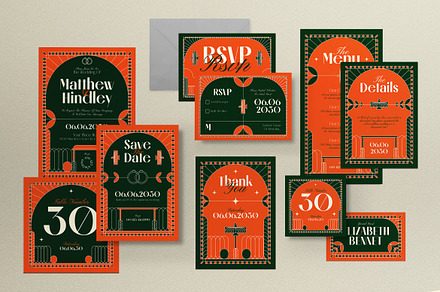 Art Deco Wedding Invitation Set, an Invitation Template by graphicook