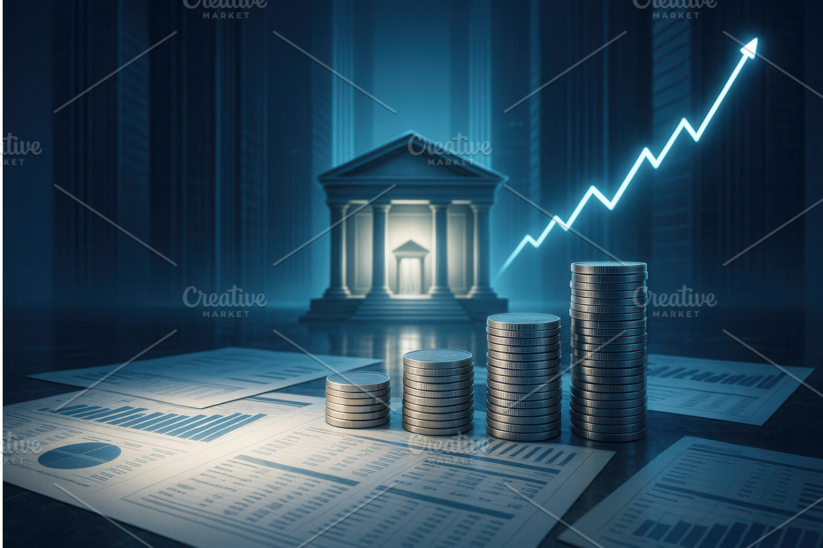 Stacks of coins on financial, a Finance Illustration by Sergey Kotenev