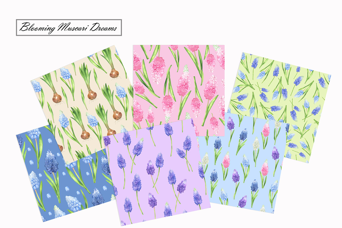 Watercolor Muscari Seamless Patterns, an Illustration by OlDm_Shop (Photo 2 of 9)