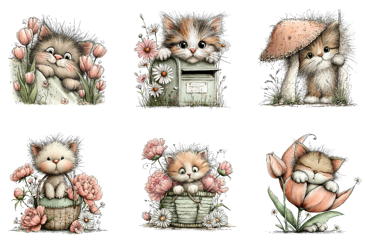 Whimsical Spring Cats Clipart, an Illustration by CreationArt (Photo 5 of 7)