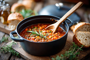 Hearty vegan lentil stew bubbling in a cast iron pot with fresh bread by the si, a Food & Drink Photo by AlyaAnd
