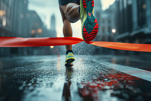 Runner Crossing Finish Line in Race on Wet Road, an Abstract Photo by Natalia Klenova's Shop
