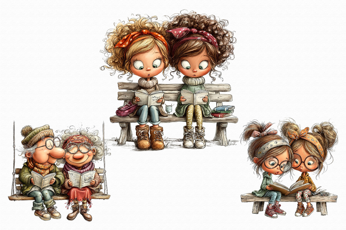 Bench friends Women reading Clipart, an Illustration by Libby Wishes (Photo 3 of 8)