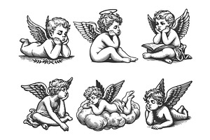 Cherubs Daydreaming set vector, a Person Illustration by AlexArt