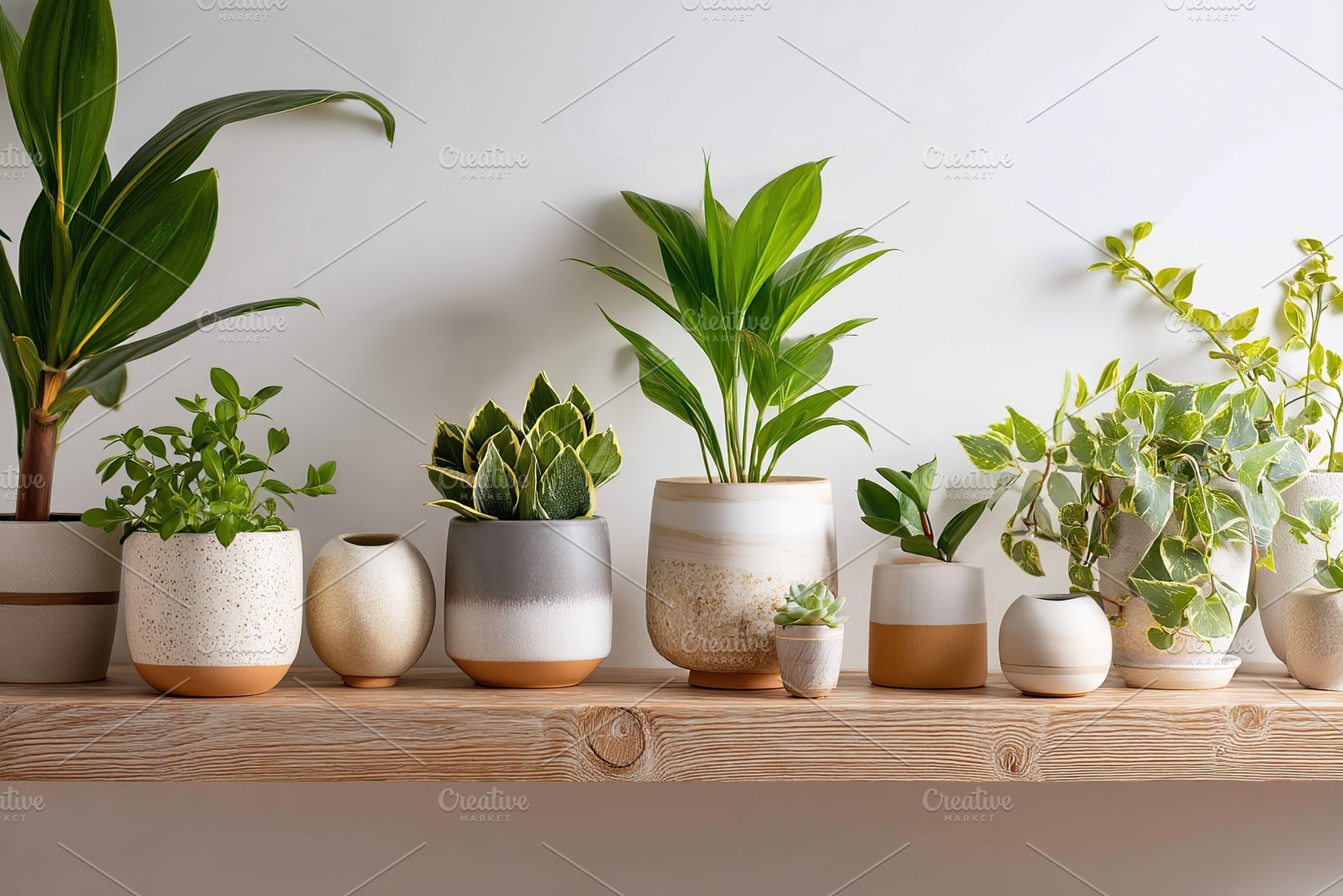 Stylish indoor plants displayed in elegant pots along a wooden shelf in a moder, a Photo by AlyaAnd