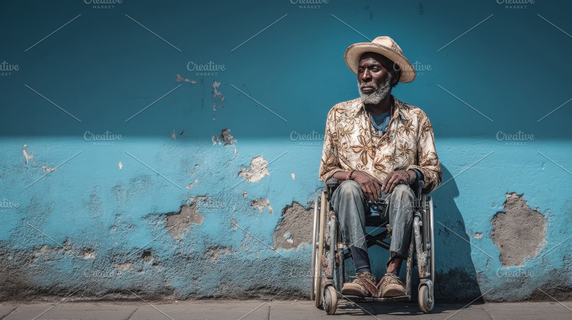 Black man in a wheelchair sitting against a vibrant blue wall outdoors, a Photo by AS photostudio