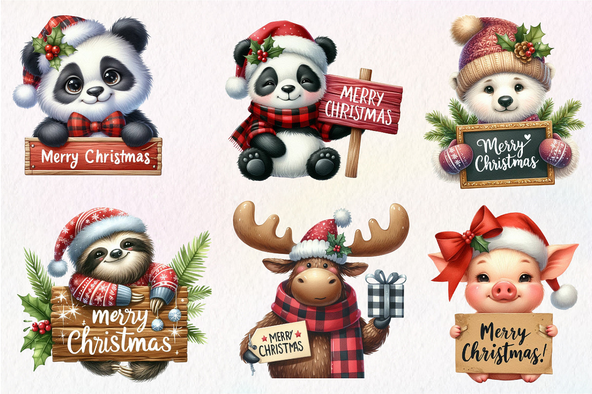Animals Holding Merry Christmas Sign, an Illustration by CreationArt (Photo 2 of 5)