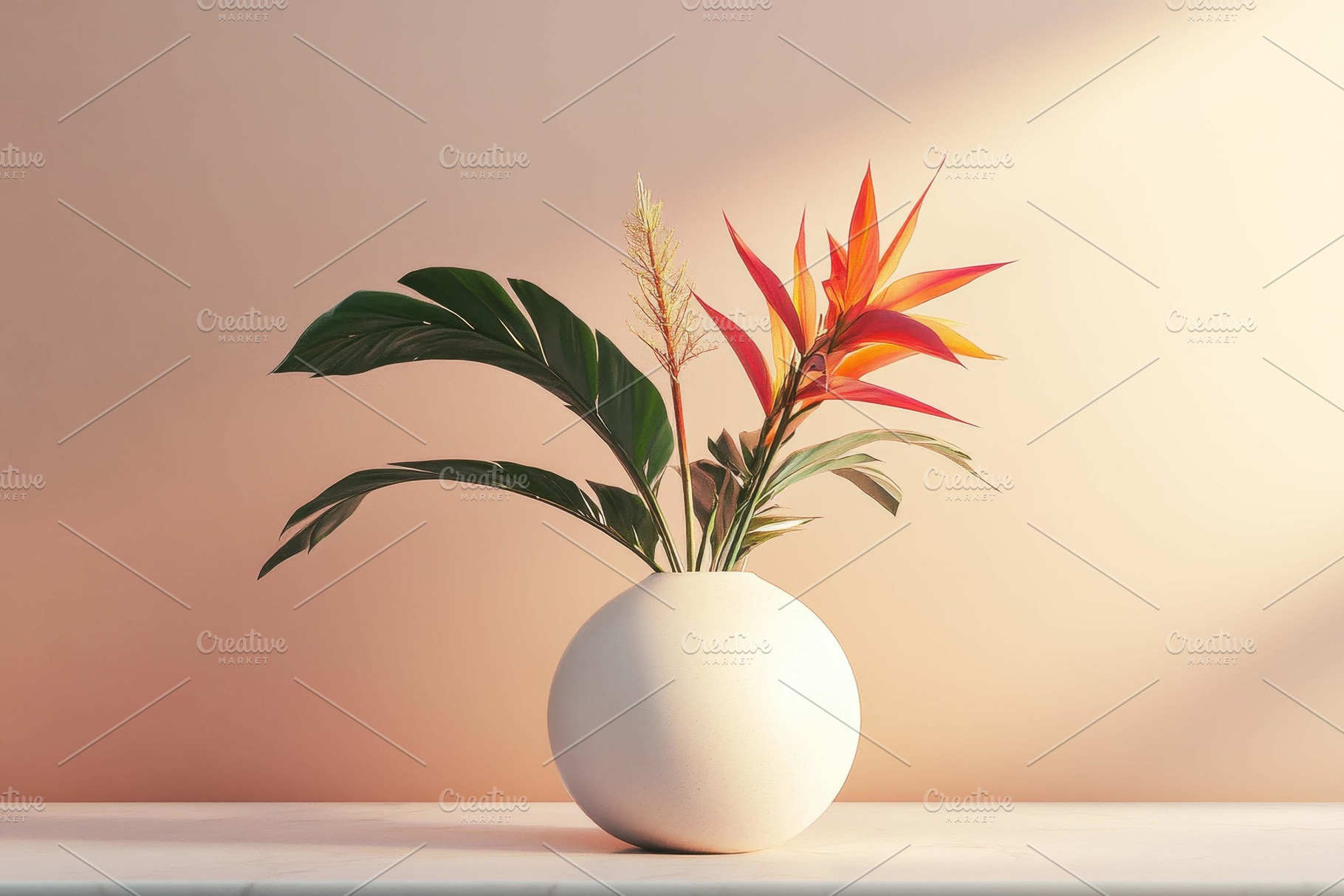 Bright tropical flowers arranged in, a Photo by Tanuart