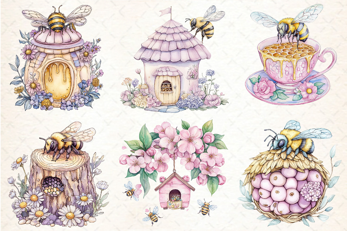 Watercolor Bee Home Clipart, an Illustration by DreamCafeArt (Photo 2 of 9)