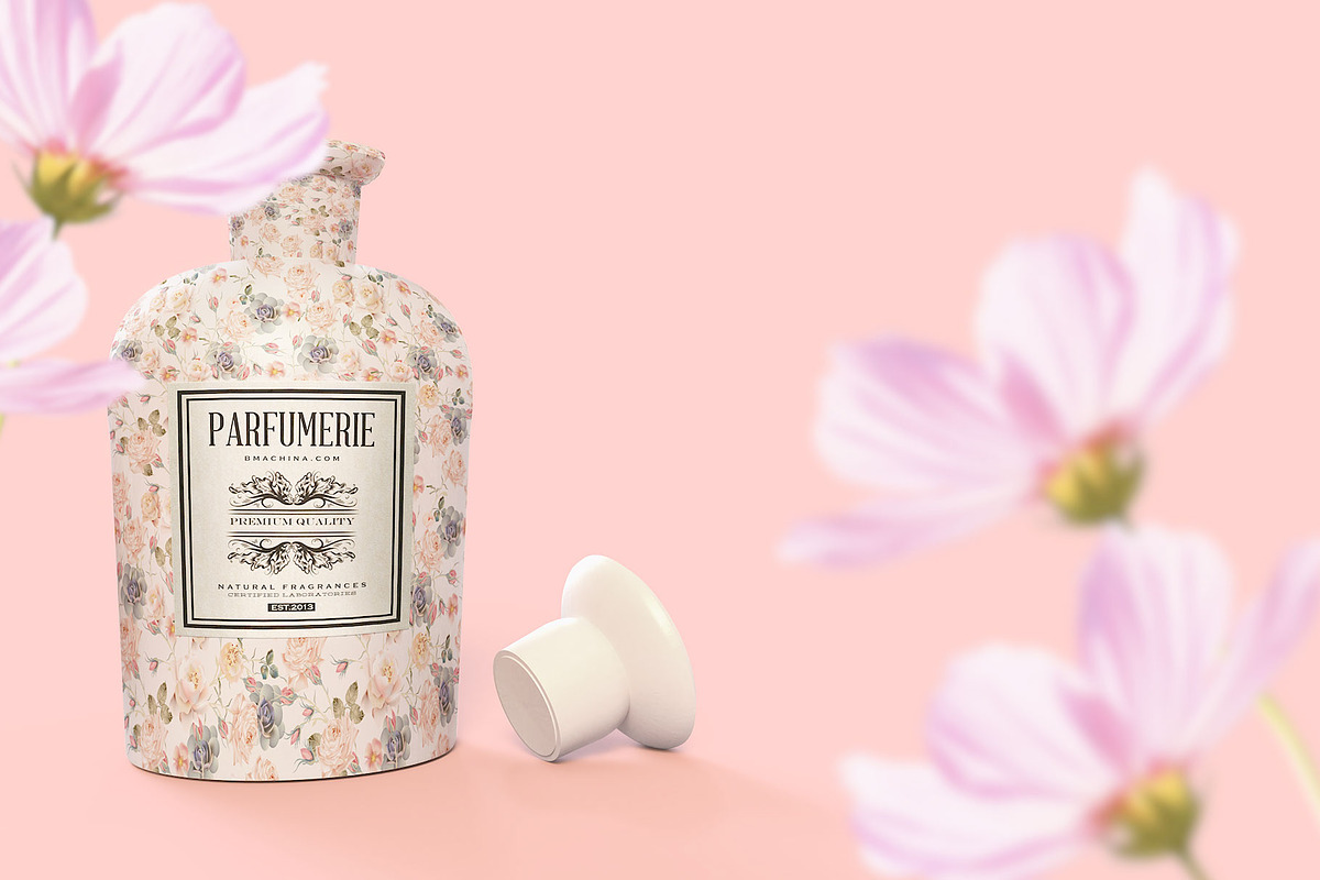 Pattern&Label Parfum Bottle Mockup, a Packaging Mockup by BMACHINA Labs. (Photo 11 of 12)
