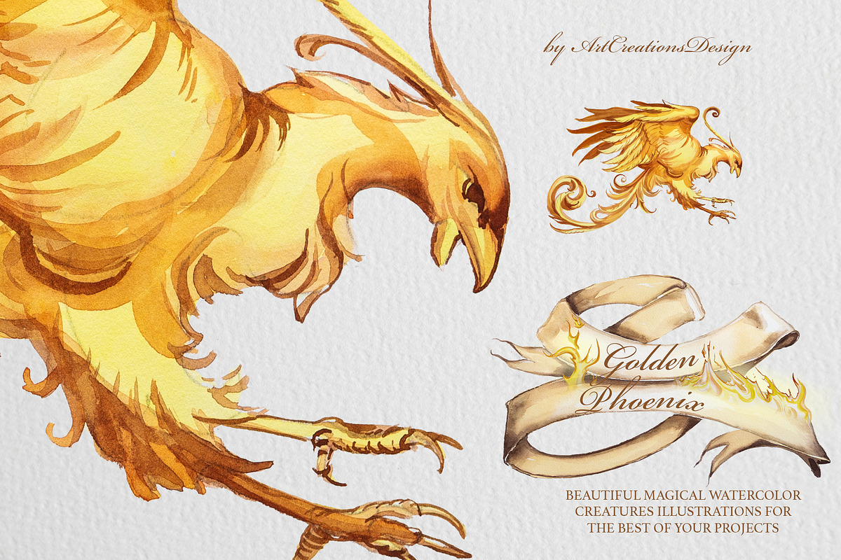Watercolor Golden Phoenix Clipart, an Animal Illustration by ArtCreationsDesign (Photo 3 of 10)