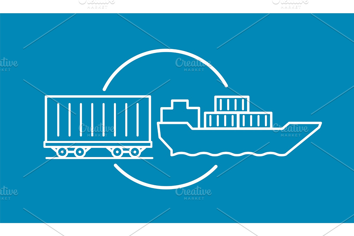 Container delivery by rail and water transport on barge icon. Shipping ...