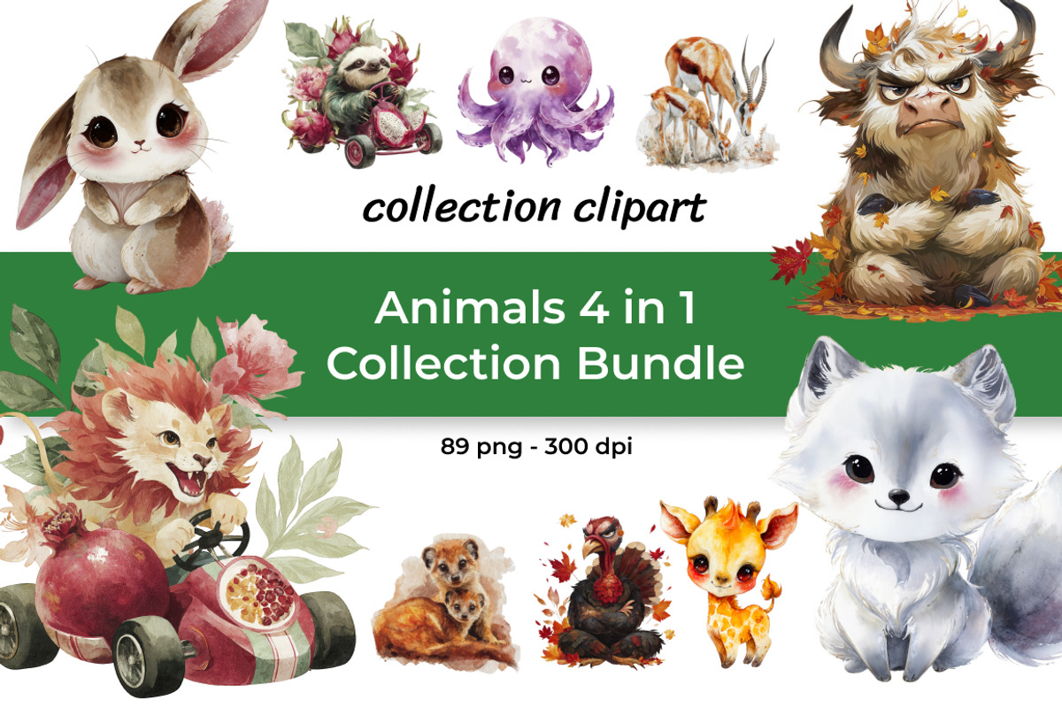 Animals Clipart Bundle 4 in 1, an Animal Illustration by InkyQueenArt (Photo 1 of 9)
