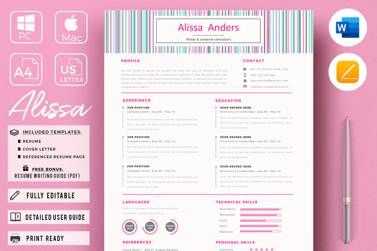 1 Page Resume Template, CV for Word, a Resume Template by HIRED Design Studio (Photo 1 of 10)