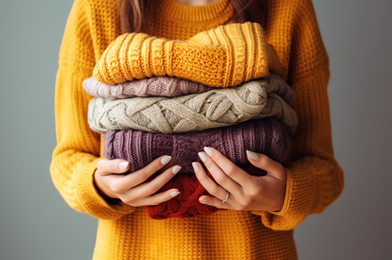 Stack of knitted sweaters in female hands, a Beauty & Fashion Photo by AlyaAnd