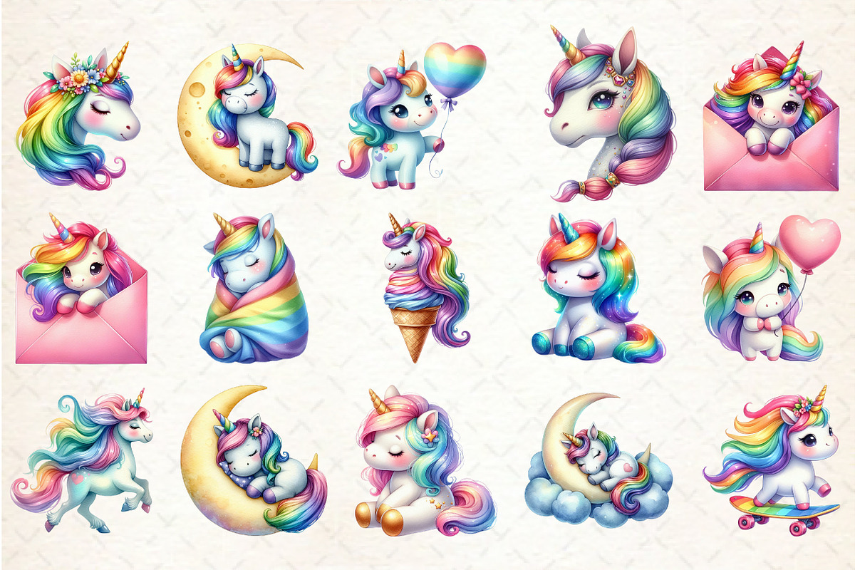 Rainbow Unicorn Watercolor Clipart, an Illustration by Rose Art (Photo 2 of 7)