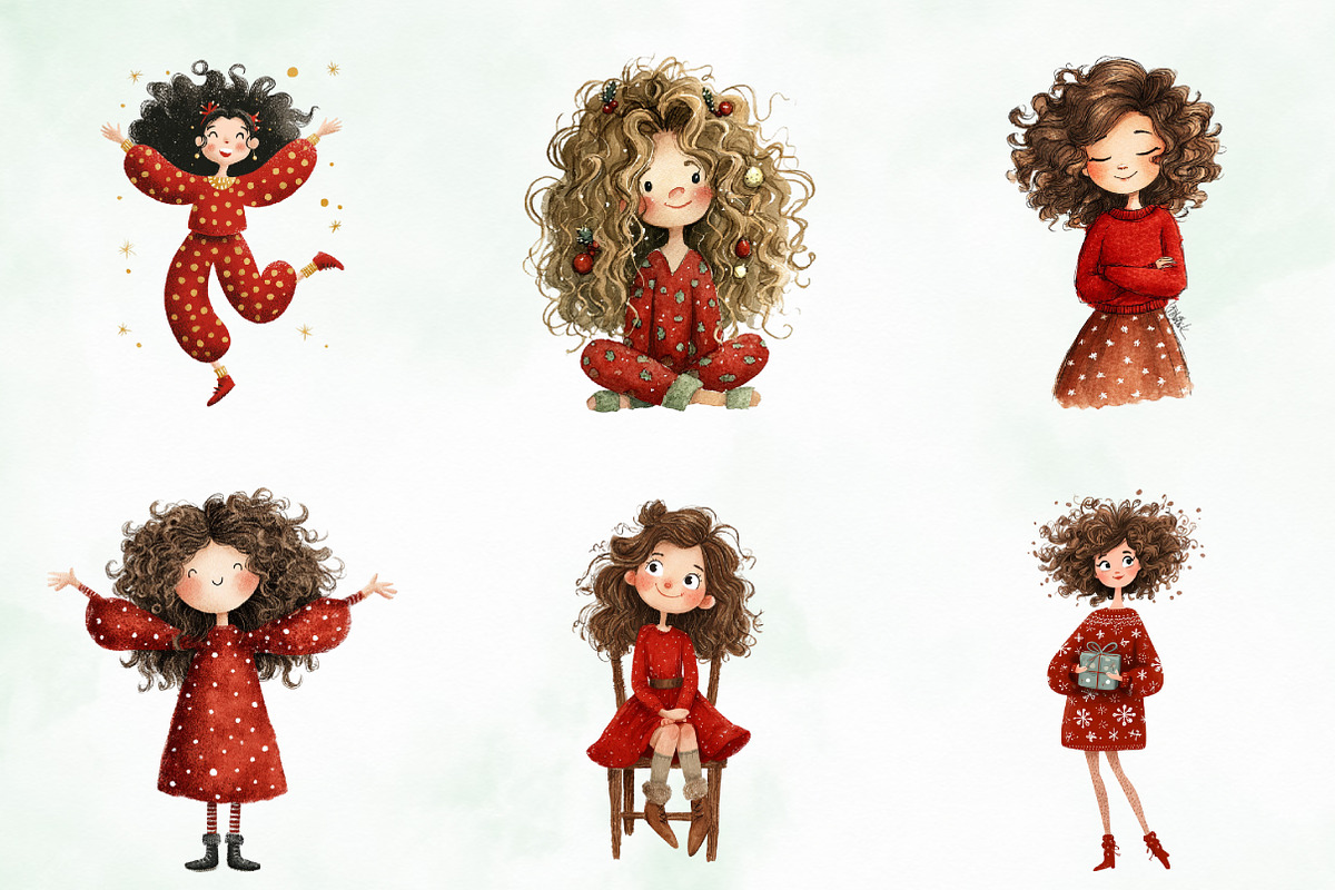 Quirky Funny Christmas Girls Clipart, an Illustration by Creative Art (Photo 4 of 13)