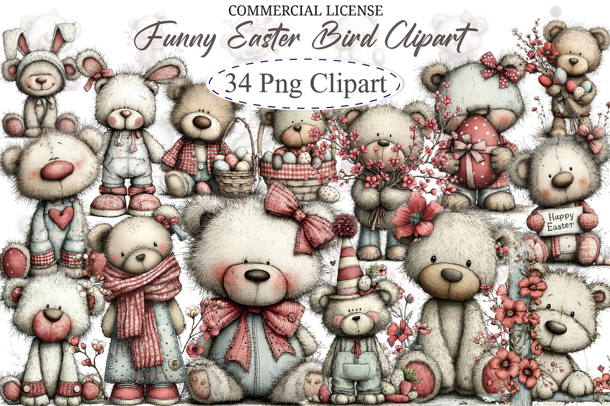 Whimsical Easter Teddy Bear Clipart, an Illustration by designcity5 (Photo 1 of 5)