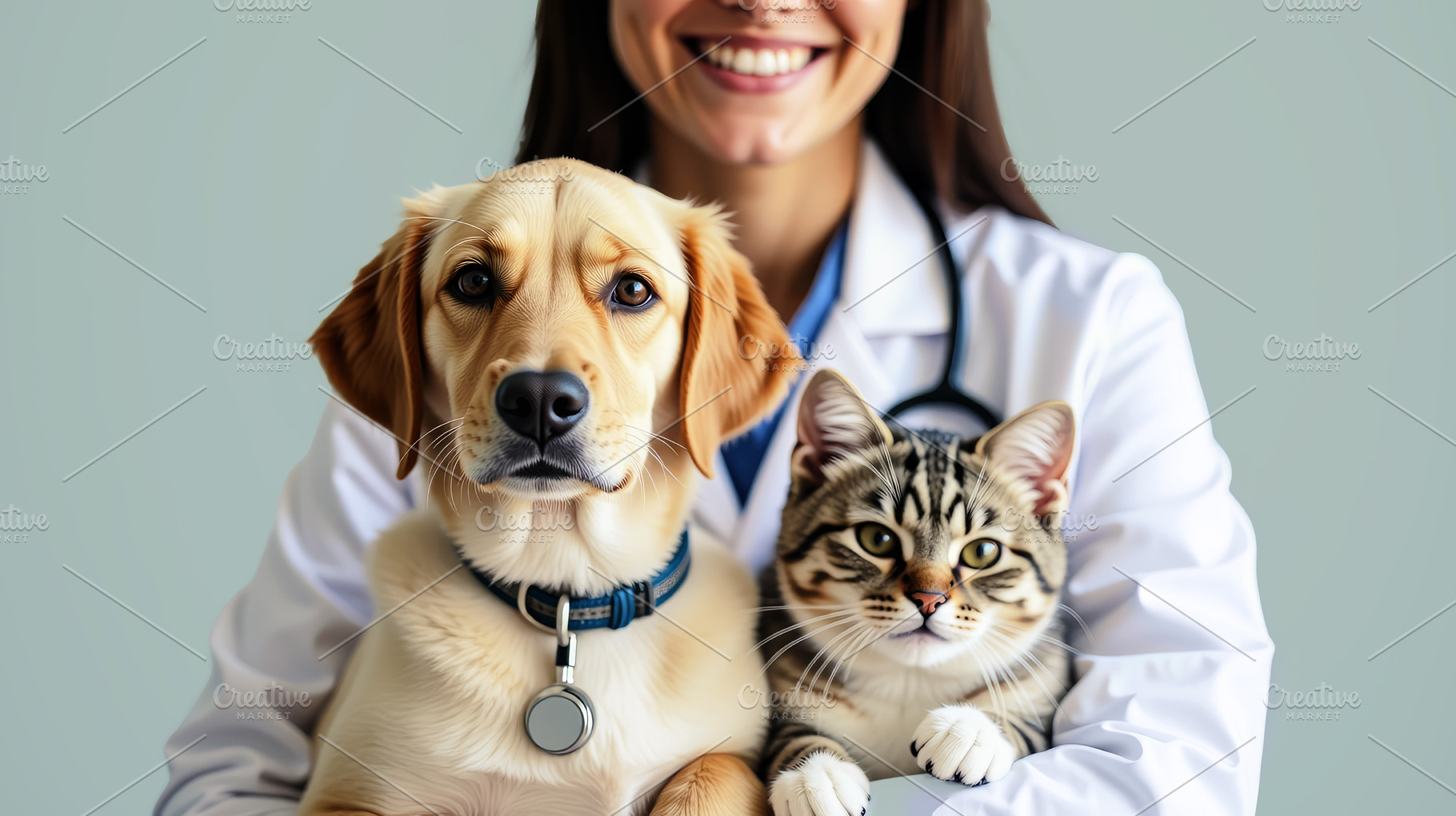 Happy veterinarian with dog and cat, an Animal Photo by Perpis
