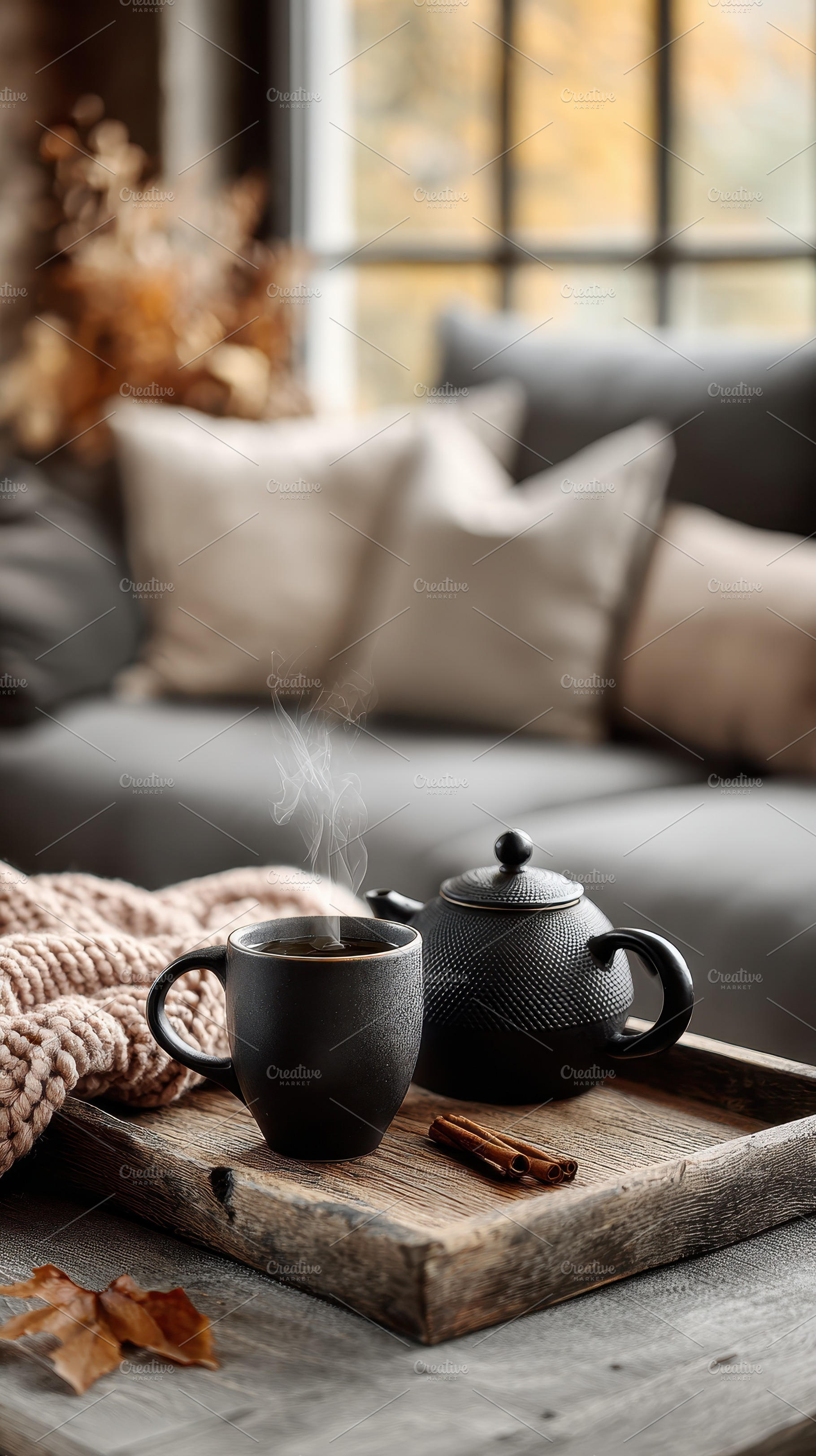 Cozy autumn tea steaming mug teapot, a Photo by Pixeness Studio
