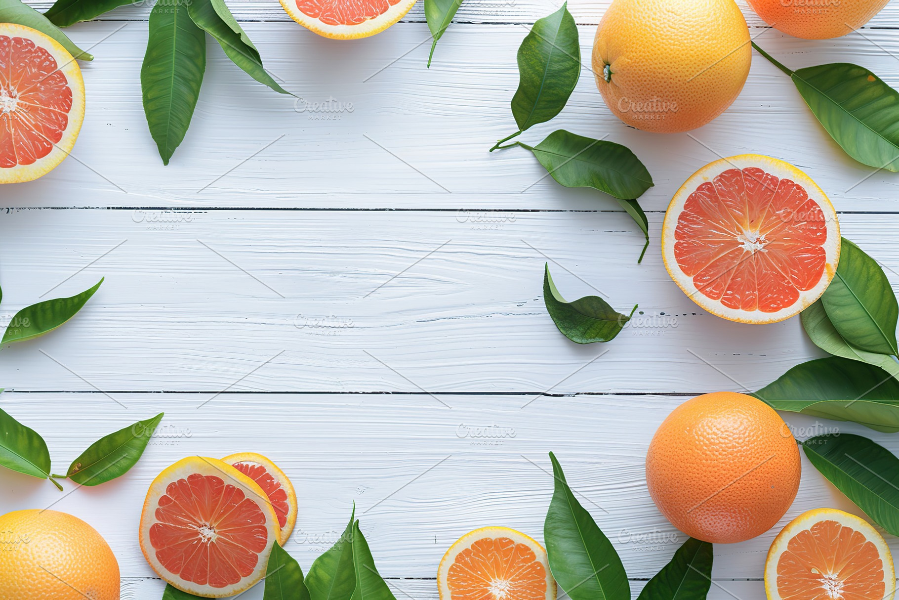 Fresh and tasty grapefruits and green leaves on wooden background, a Food & Drink Photo by AlyaAnd