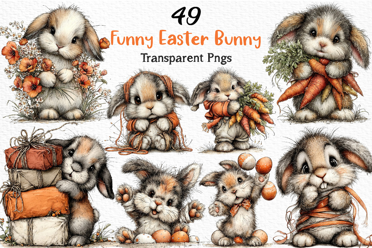 Whimsical Funny Easter Bunny Clipart, an Illustration by Craft Nest (Photo 1 of 12)