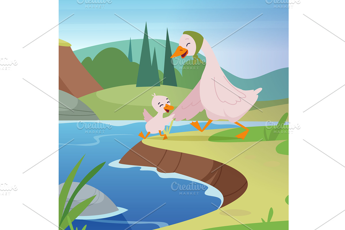 Mother duck with chicken. birds, an Animal Illustration by Onyx