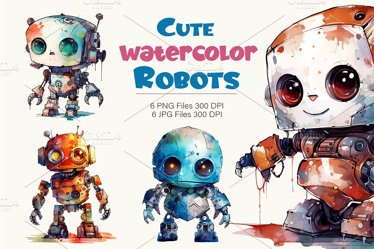 Cute Watercolor Robots. TShirt, an Animal Illustration by KENO Mascots (Photo 1 of 8)
