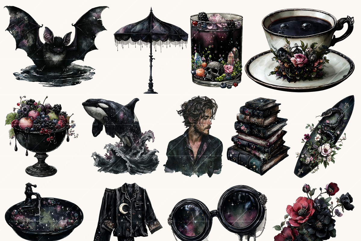 Watercolor Gothic Summer Clipart, a Seasonal Illustration by BusyDaydesign (Photo 2 of 9)