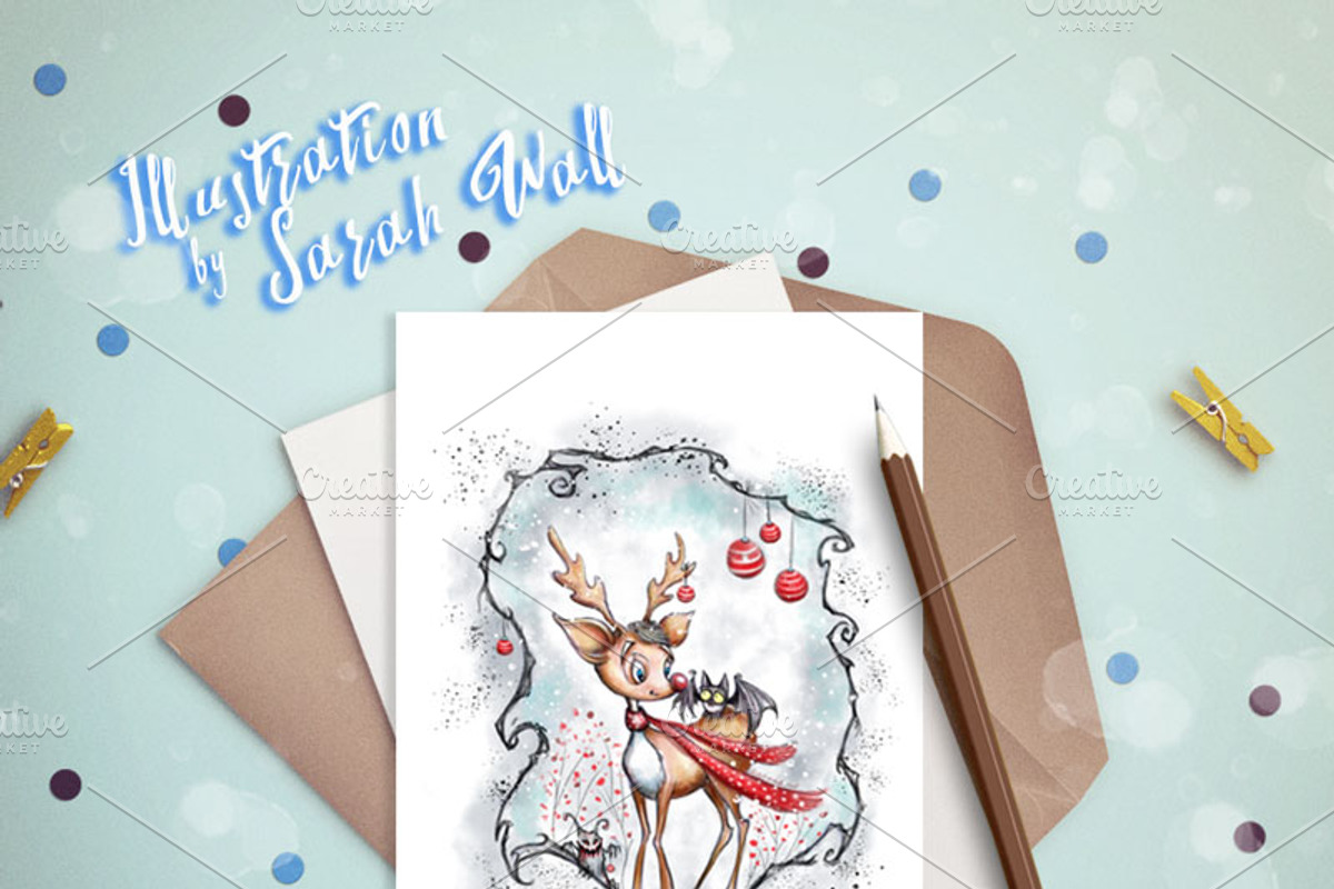 Reindeer & Bat Christmas Watercolor, a Decorative Illustration by Shadowspark (Photo 2 of 2)