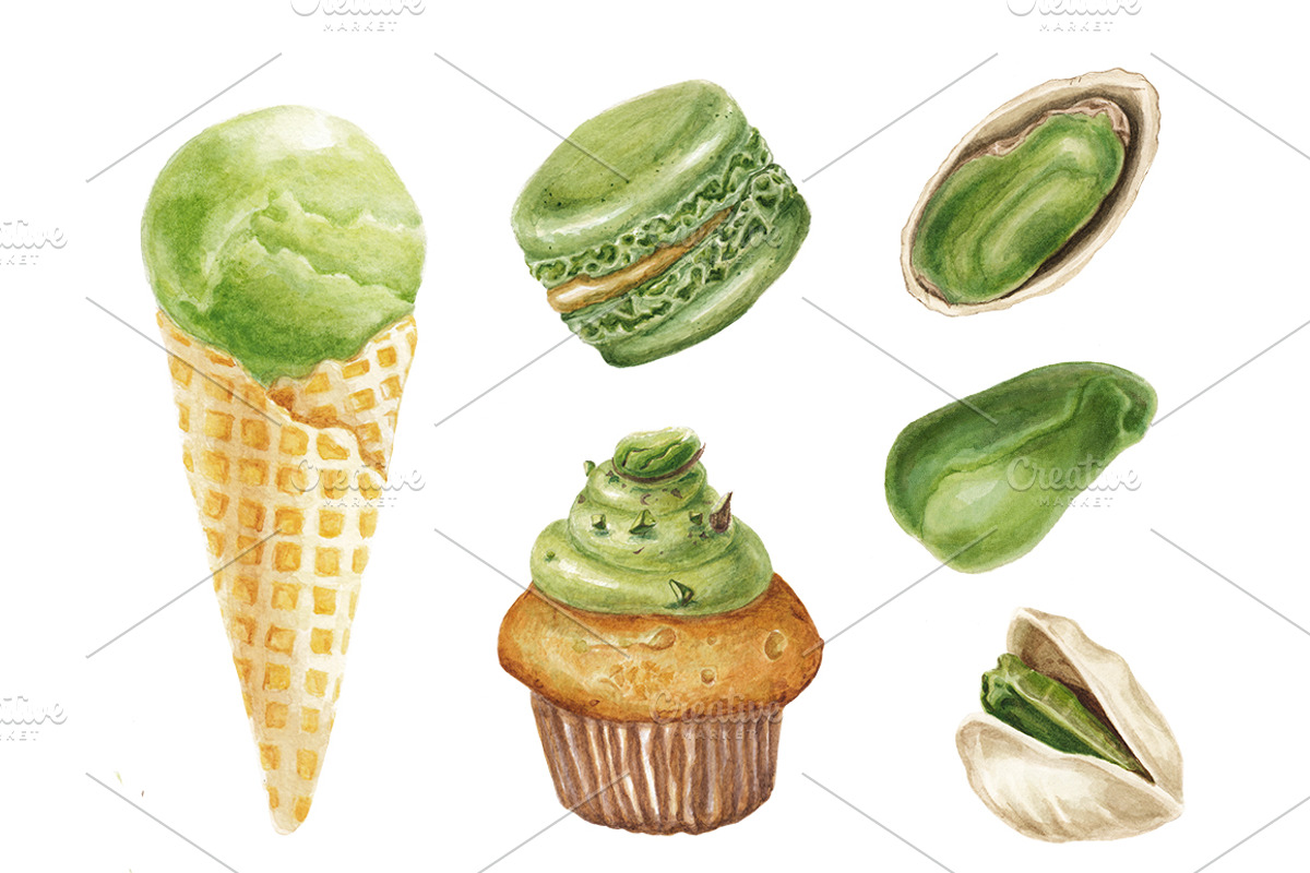 Watercolor pistachio delicious set, a Pattern Graphic by lenavetka87 (Photo 1 of 3)