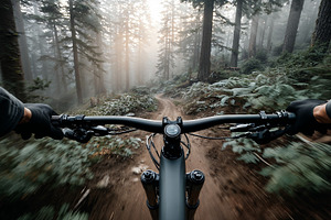 Mountain biking adventure through misty forest trail at dawn, a Sports & Recreation Photo by OSORIOartist