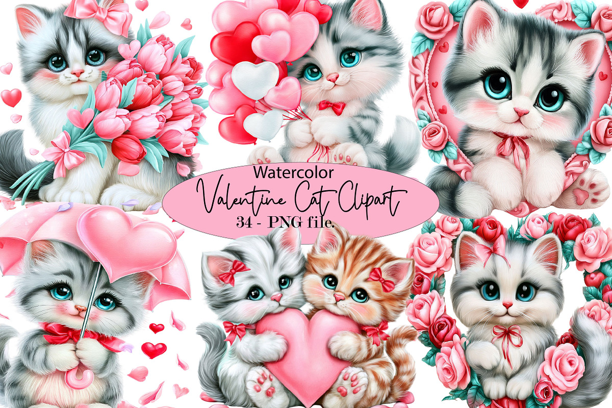 Valentine Cat Clipart PNG Bundle, a Seasonal Illustration by SVGArt (Photo 1 of 5)