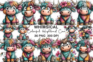 Colorful Highland Cow Clipart, an Illustration by CraftArtStudio