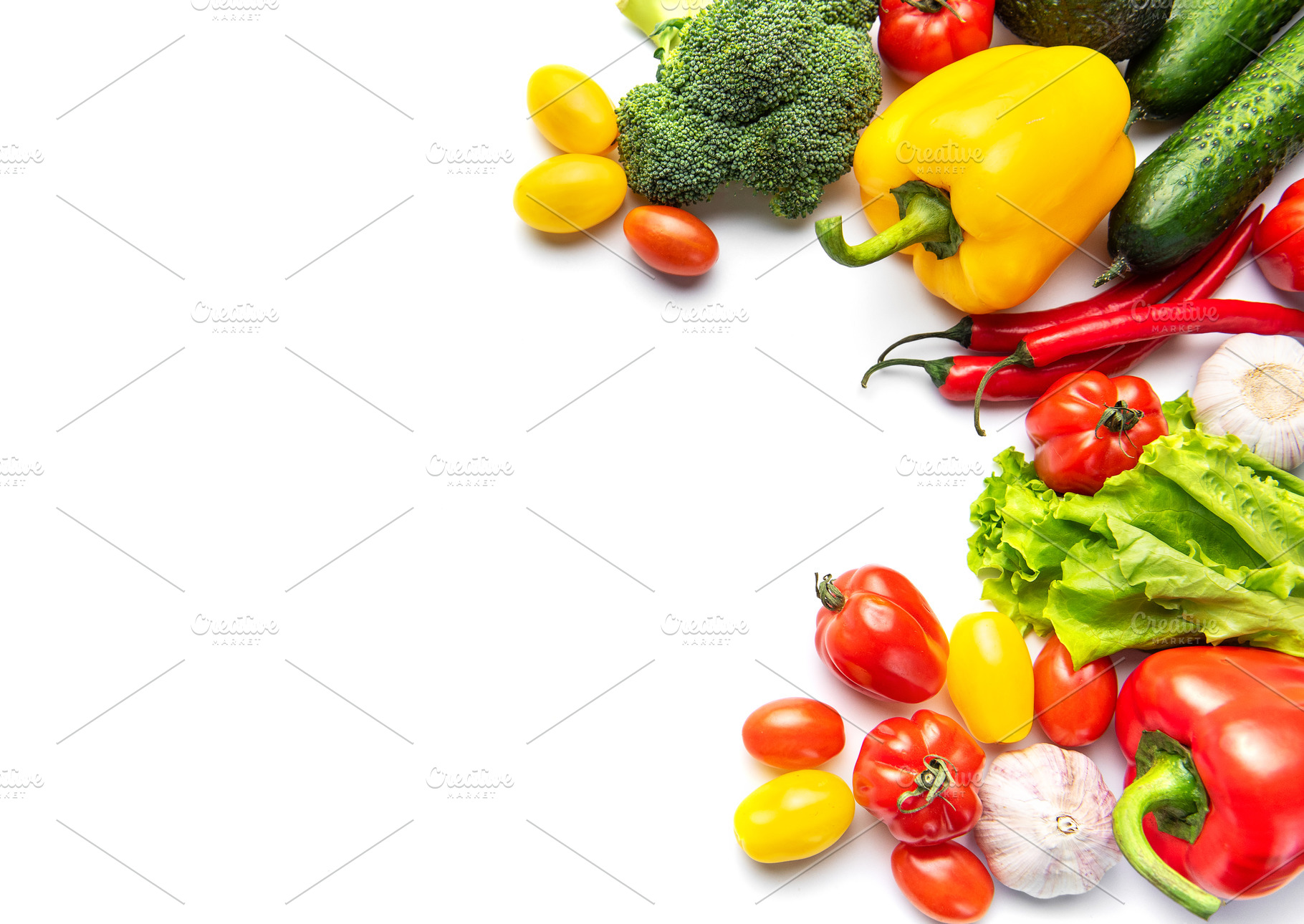 Fresh organic vegetables on white background with copy space, a Food & Drink Photo by Olena Rudo
